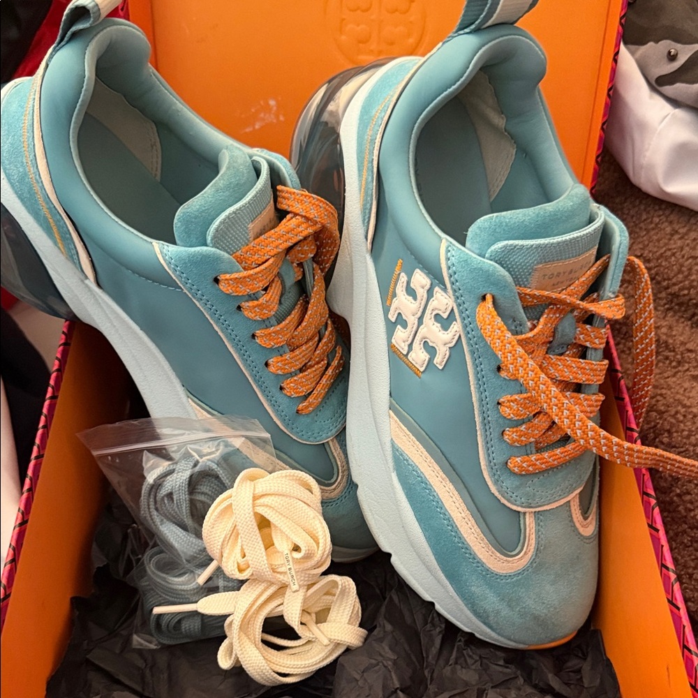 Tory Burch Teal and Orange Sneakers with Extra Laces